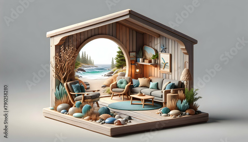 Coastal Calm: Californian Coastal Living Room with Realistic 3D Icon, Sea Glass, Driftwood Accents, and Nature Photo Stock Construction Concept