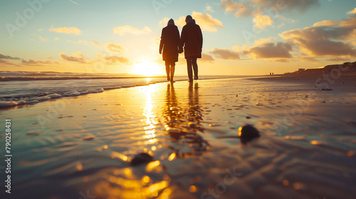 Couple Walking on Beach at Sunset. Silhouette of a couple enjoying a romantic walk on the beach, with the sunset casting a warm golden glow over the shoreline. photo