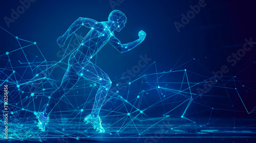 Futuristic Runner in Digital Mesh Network. A dynamic 3D digital mesh model of a runner, highlighting motion and speed in the context of advanced technology and data analytics. photo