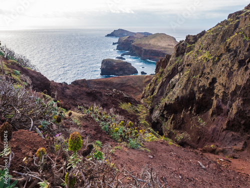 Cape Ponta de Sao Lourenco, Canical, East coast of Madeira Island, Portugal. Scenic volcanic landscape of Atlantic Ocean, rocks and cllifs and cloudy sunrise sky. Views from popular hiking trail PR8 © Kristyna