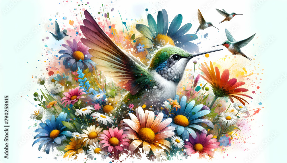 Nature's Dance: 3D Icon of Fluttering Petals with a Hummingbird and Vibrant Flowers - Close-up Small Animal Double Exposure Photo for Stock Construction Concept