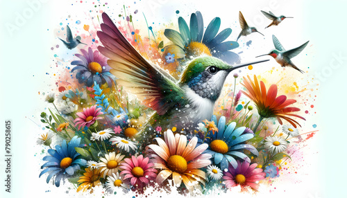Nature s Dance  3D Icon of Fluttering Petals with a Hummingbird and Vibrant Flowers - Close-up Small Animal Double Exposure Photo for Stock Construction Concept