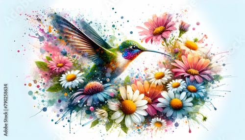 Vibrant Nature Dance  3D Icon of Fluttering Petals and a Hummingbird Amongst Vibrant Flowers - Close-Up Small Animal Double Exposure Photo