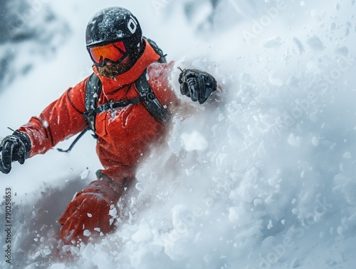 A man in an orange jacket is snowboarding down a hill. The snow is white and fluffy, and the man is wearing a black helmet