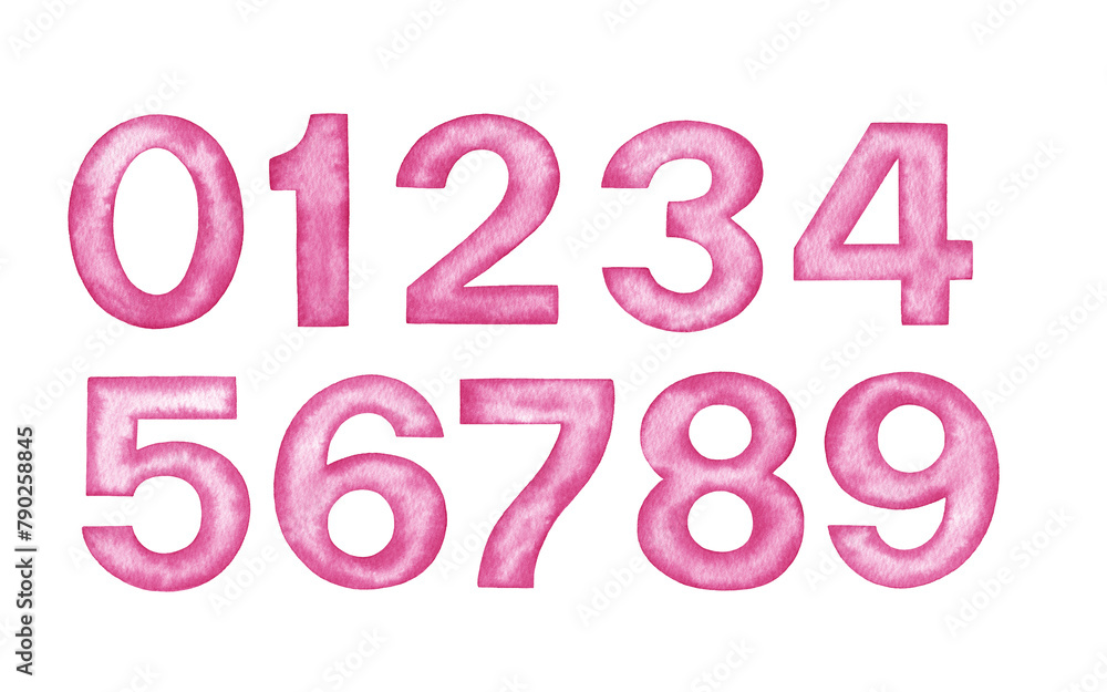 Hand painted watercolor pink numbers 0-9 isolated on a white background. Hand painted watercolor pink numbers 0-9 isolated on a white background.