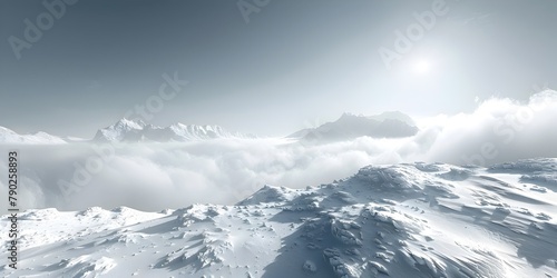 Sunshine Piercing Clouds and Mist over Snowy Mountain Peaks in a Panoramic 3D Rendering