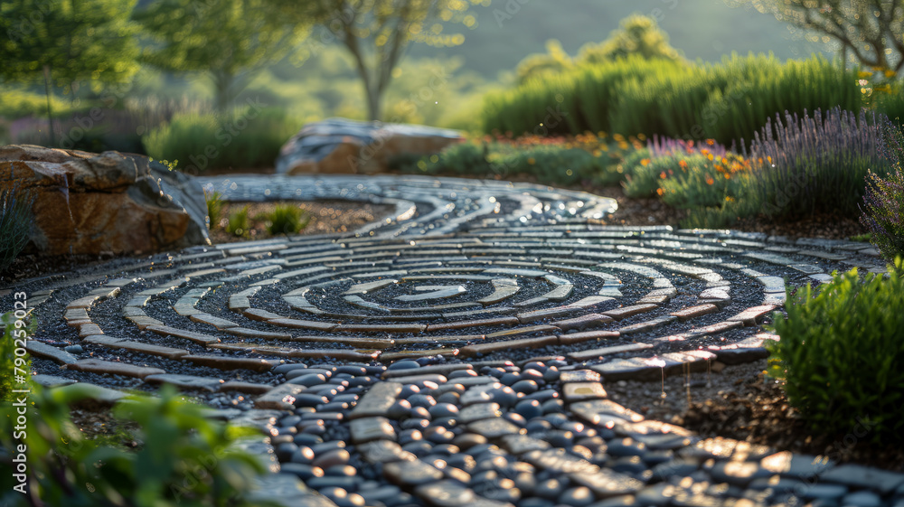 Cobblestone labyrinth in a serene garden setting Cobblestone labyrinth in a serene garden setting