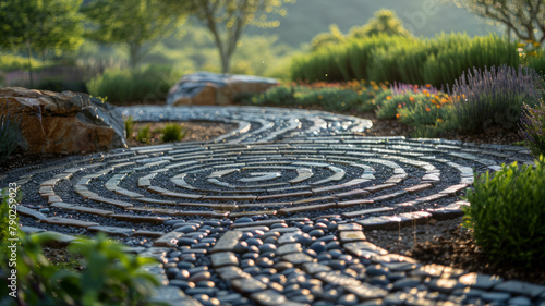 Cobblestone labyrinth in a serene garden setting