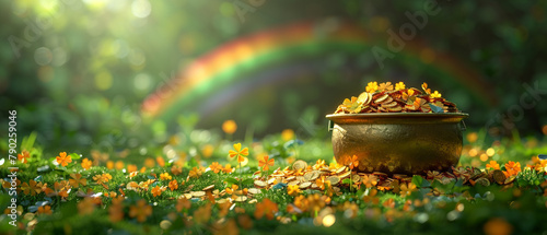 Saint Patrick's Day and Leprechaun's pot of gold coins concept with a rainbow indicating where the leprechaun hid treasure on tgreen with copy space. St Patrick is the patron saint of Ireland backdrop