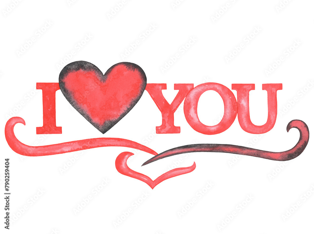 Watercolor Red sign I love you, hand drawn text with big heart and decor elements