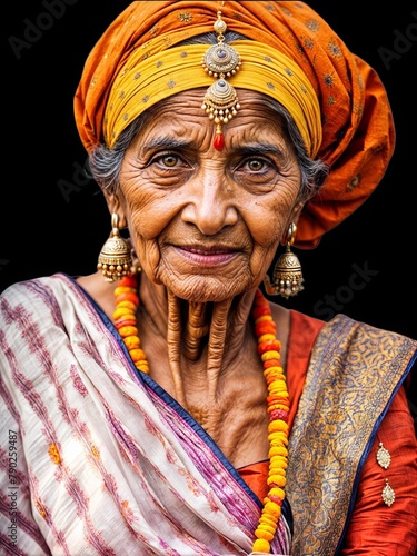 An elderly honored woman of India. Holi color festival. Grandmother dressed in a sari. Without background
