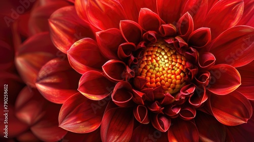 Transformed intricate geometric patterns and designs from vibrant deep ruby red dahlia with yellow center