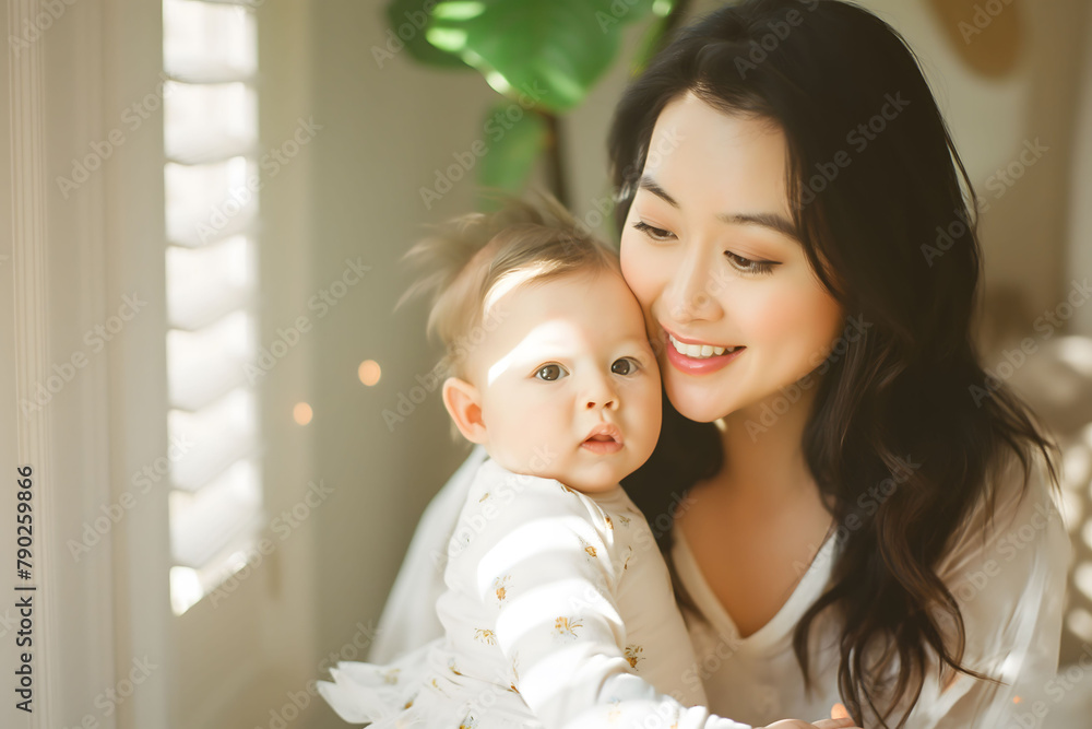 Woman mother holds hugs adorable baby at nature blossom, Mother's Day concept. Woman mother holds hugs adorable baby at nature blossom, Mother's Day concept.