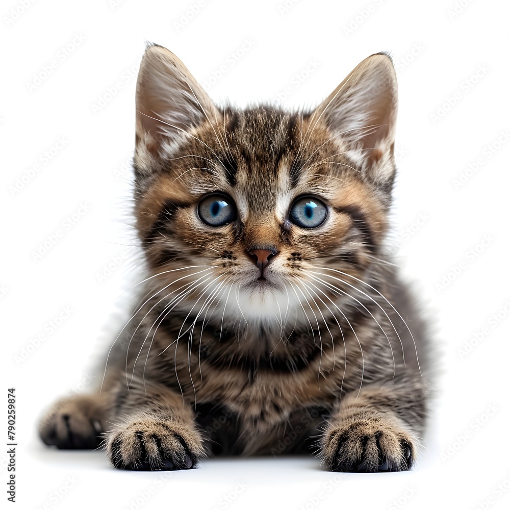 Cute Blue-Eyed Kitten Staring Curiously at Camera on White Background