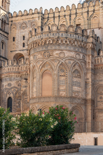 The detailed facade of the old cathedral in Palermo, Sicity