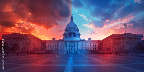 Election Divide: US Capitol at Sunset. A dynamic image of the US Capitol, bathed in blue and red hues, illustrating the electoral divide between Republicans and Democrats photo