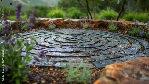 A wet stone labyrinth in a garden.
