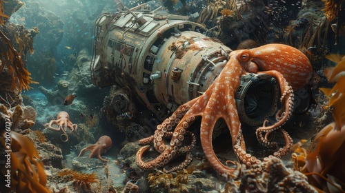 An enormous octopus curls its tentacles around the remnants of a spacecraft that lies in the underwater world  surrounded by the curiosity of marine life.