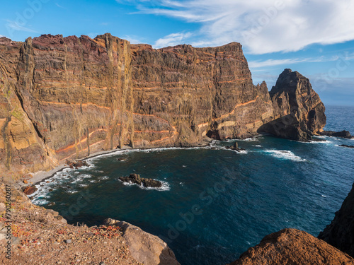 Cape Ponta de Sao Lourenco, Canical, East coast of Madeira Island, Portugal. Scenic volcanic landscape of Atlantic Ocean, rocks and cllifs and cloudy sunrise sky. Views from popular hiking trail PR8 © Kristyna