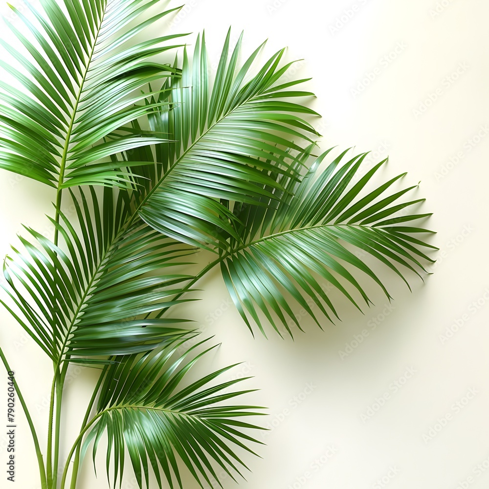 Vibrant Green Palm Leaves on White Background, Tropical Flat Lay Top View Vibrant Green Palm Leaves on White Background, Tropical Flat Lay Top View