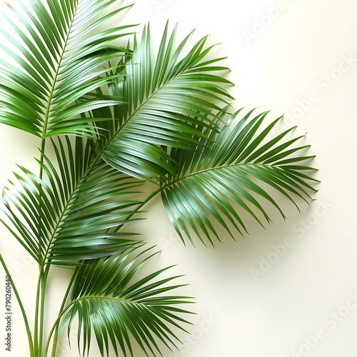 Vibrant Green Palm Leaves on White Background  Tropical Flat Lay Top View