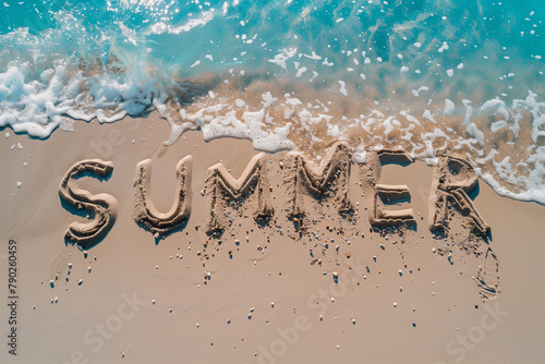 top view of the sea and beach with letter SUMMER writen on sand, tropical seaside relaxation (2) photo