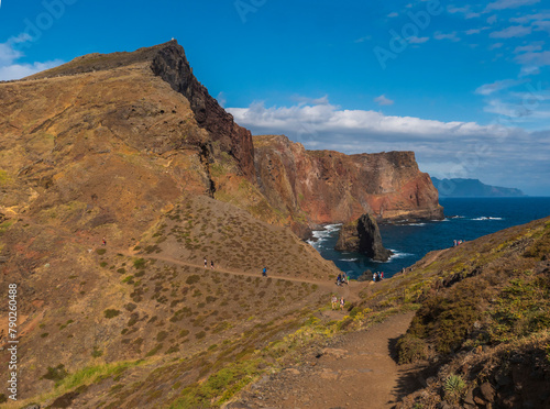 Cape Ponta de Sao Lourenco, Canical, East coast of Madeira Island, Portugal. Scenic volcanic landscape of Atlantic Ocean, rocks and cllifs and cloudy sunrise sky. Views from popular hiking trail PR8
