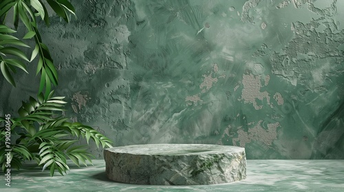 Minimalist Green Podium with Tropical Plant in Textured Concrete Room