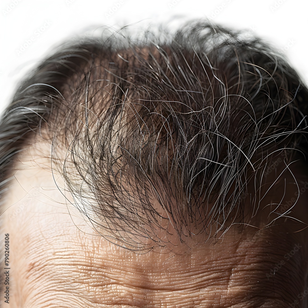 Middle-Aged Asian Mans Thinning Hair in Close-Up Detail on White Background Middle-Aged Asian Mans Thinning Hair in Close-Up Detail on White Background