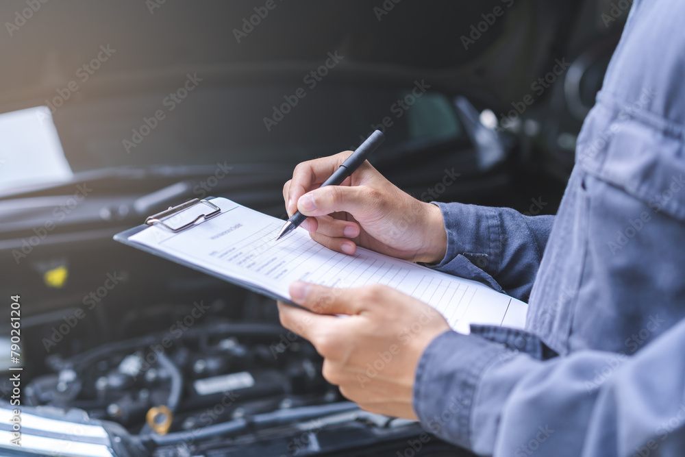 Check Example Mechanic Auto check, car service shop concept. Automobile repairman writing job ...