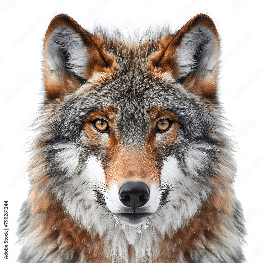 Fototapeta premium Majestic Wolf Portrait with Soft Lighting and Detailed Fur on White Background