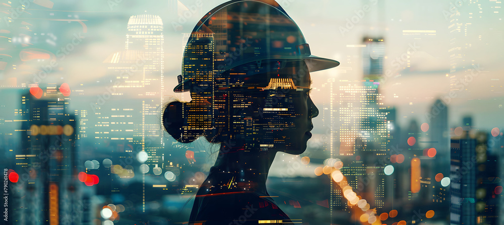 Double Exposure Shot of a Woman Construction Engineer with City Buildings Double Exposure Shot of a Woman Construction Engineer with City Buildings