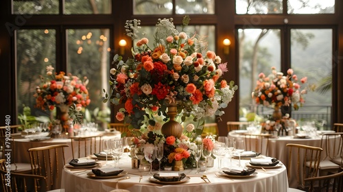 Tall Coral and Cream Floral Centerpiece Adorns Elegant Wedding Table with Nature View at Mount Meru National Park