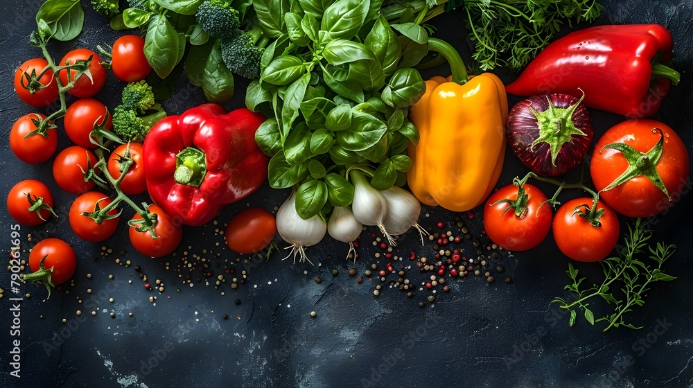 Vibrant Assortment of Fresh Organic Vegetables and Herbs on a Dark Background Vibrant Assortment of Fresh Organic Vegetables and Herbs on a Dark Background