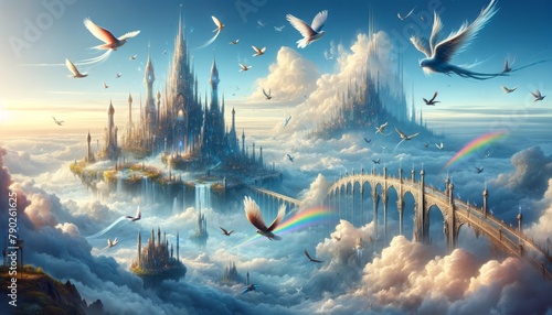 A fantastical journey above mundane world, sky becomes a boundless azure canvas. Ethereal cities float like islands photo