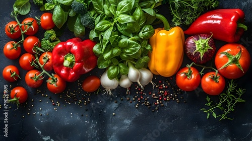 Vibrant Assortment of Fresh Organic Vegetables and Herbs on a Dark Background