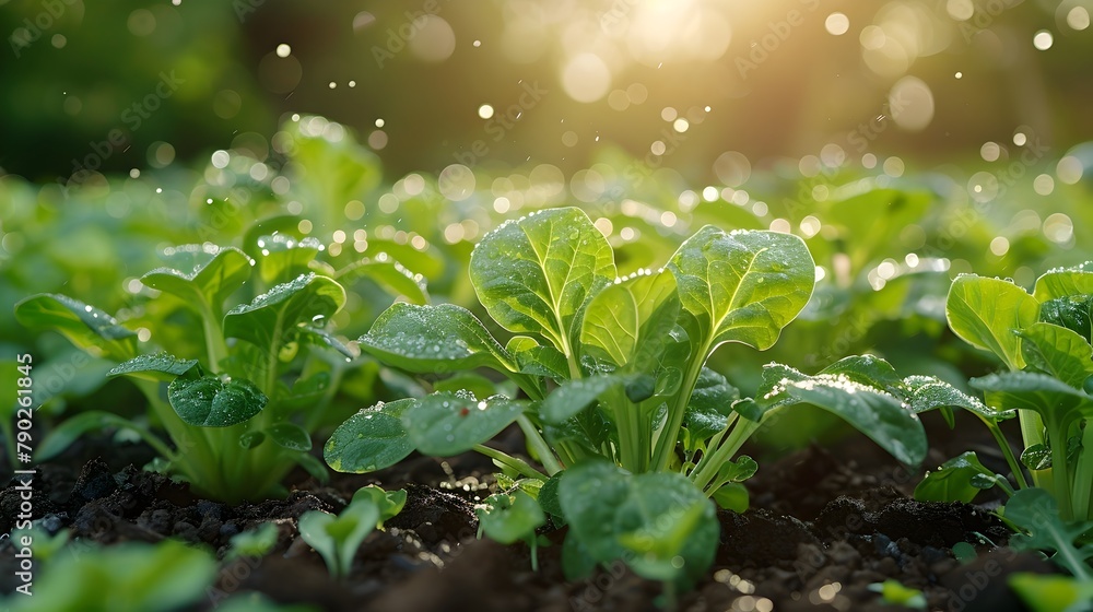 Morning Sunlight Illuminating Emerging Organic Vegetables in a Garden Morning Sunlight Illuminating Emerging Organic Vegetables in a Garden