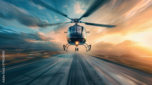 Helicopter taking off at sunset, capturing the speed and drama of flight against a vivid evening sky photo