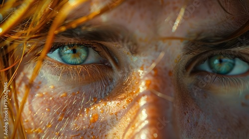 Ginger-Haired Mans Close-Up in Golden Hour Light with Blue-Green Eyes and Freckles