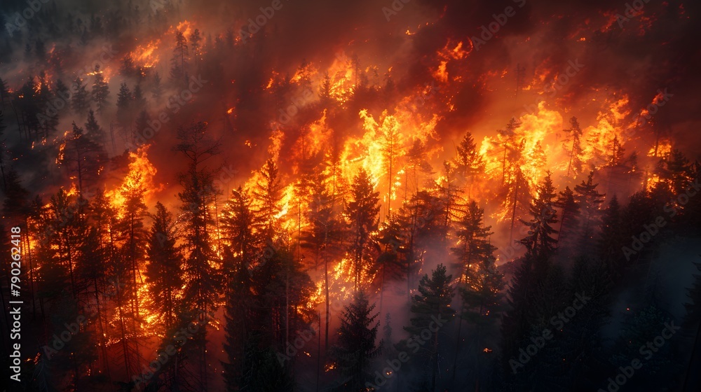 Coniferous Forest Inferno A Dramatic Nighttime Wildfire Engulfing Trees in Smoke and Flames