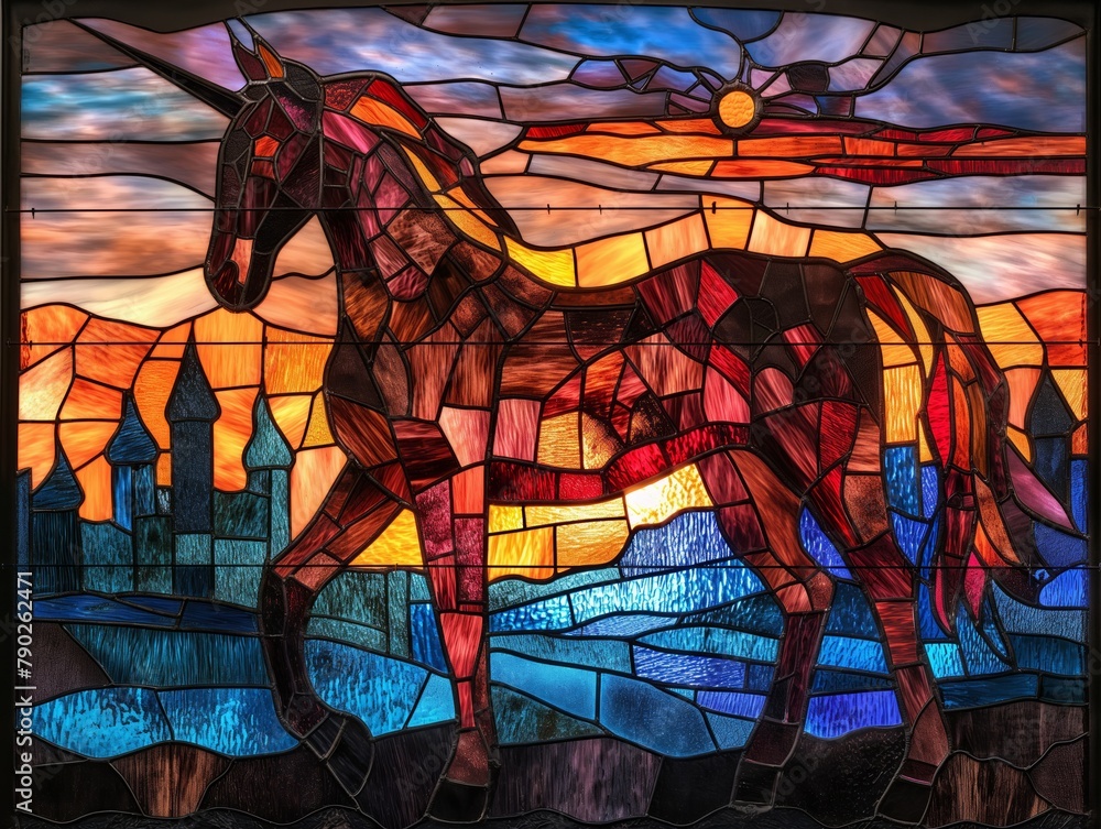 A stained glass horse is walking through a city with a castle in the background. The horse is surrounded by a blue and red mosaic, giving it a vibrant and lively appearance