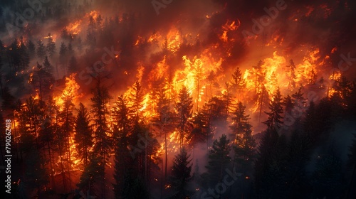 Coniferous Forest Inferno A Dramatic Nighttime Wildfire Engulfing Trees in Smoke and Flames