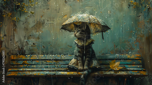 A gray cat, dressed, sits on a bench in the rain, holding an umbrella