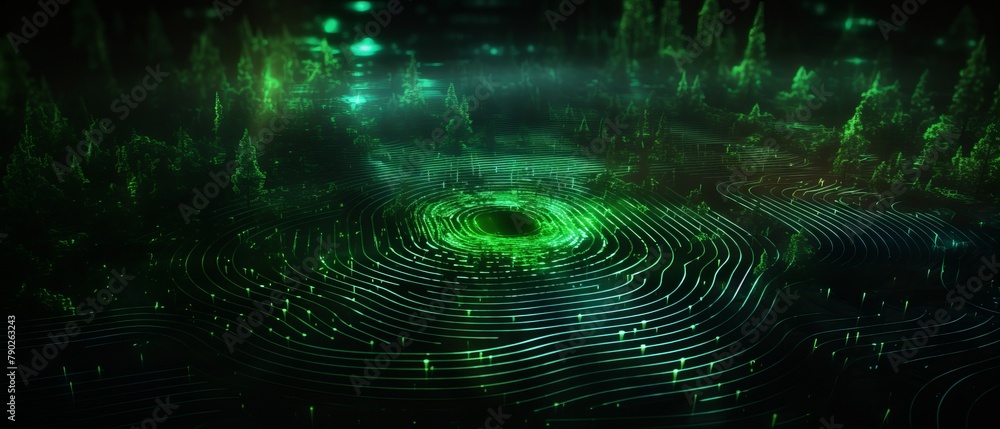 Green glowing circuit board with a black hole in the center. Green glowing circuit board with a black hole in the center.