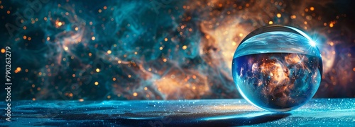 Glowing Crystal Ball Against Starry Night Sky with Nebula Clouds and Copy Space