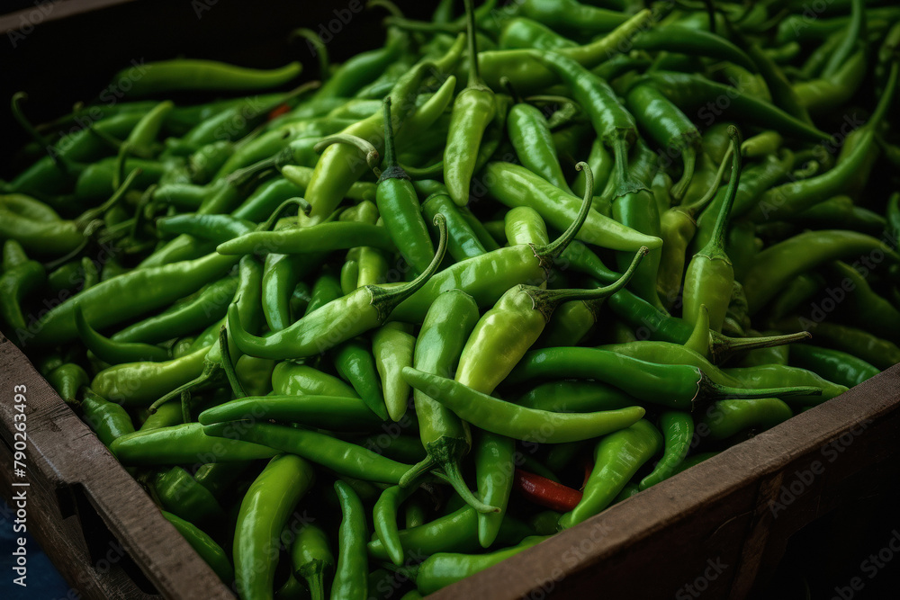 Fresh green chilli bunch on wooden board Fresh green chilli bunch on wooden board