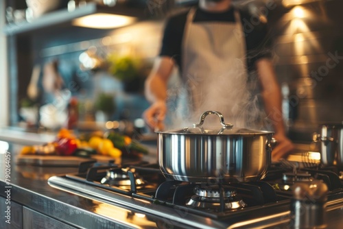 Professional chef stirs in a steaming pot on a stove in an industrial kitchen environment