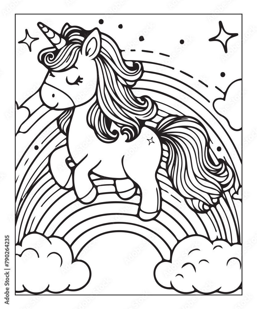 Cute unicorn with rainbow. black and white vector illustration for coloring book, Generative AI Cute unicorn with rainbow. black and white vector illustration for coloring book, Generative AI