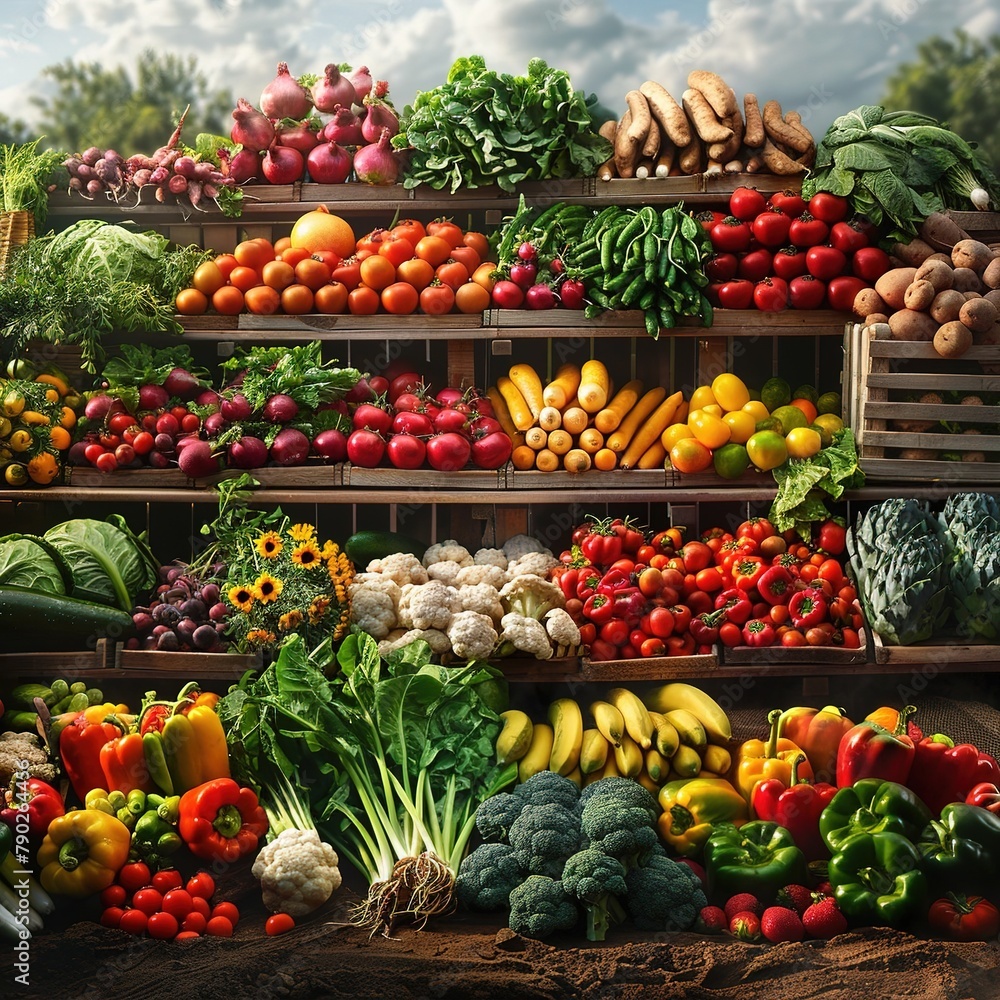 Greengrocery background. Fresh fruits and vegetables at a farmer market. Healthy food. Use it as your wallpaper, poster and banner design