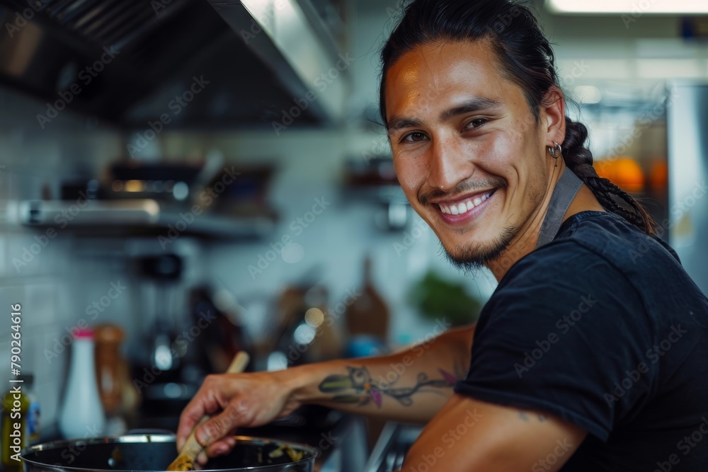 A cheerful male chef with a friendly grin cooking in a professional kitchen, adding a social and inviting vibe A cheerful male chef with a friendly grin cooking in a professional kitchen, adding a social and inviting vibe